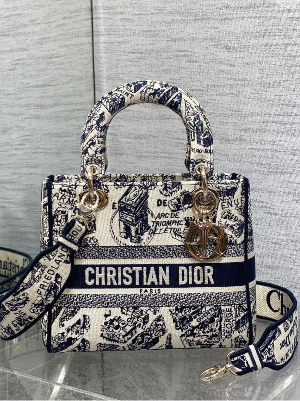 Dior Navy and White Embroidered Lady Dior Tote
